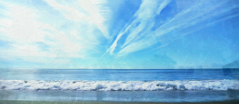 Beach water landscape, strokes of paint on canvas, panoramic view