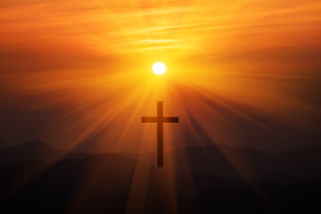 The concept of the Christian faith. cross, mountain and light