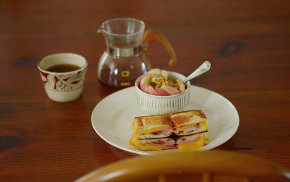 Closeup homemade home western meal on wooden table