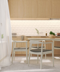 3D interior design of a warm wooden beautiful kitchen cabinet build-in and family dining table by the window with blowing sheer curtains. Design, Trends, Air Flow, Background, Mockup, Home, Space.