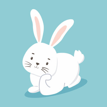 Cute character white bunny lying and dreaming. Vector illustration of rabbit isolated on blue. Symbol new year 2023 and Easter