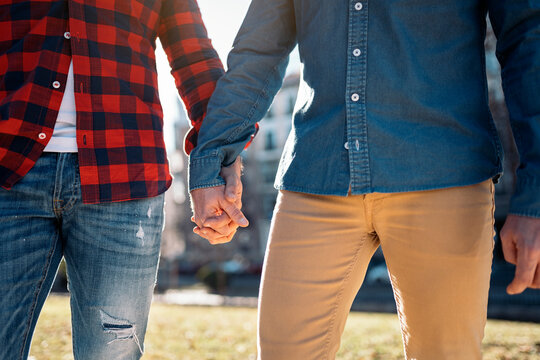 Crop homosexual couple of men holding hands