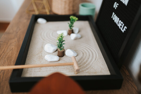 Closeup Of Zen Garden In Room.