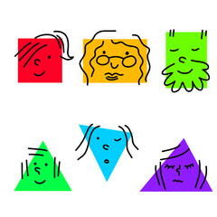 Set of Various bright basic Geometric Figures with face emotions. Different man and woman. Hand drawn trendy Vector illustration for kids. Cute funny square and triangle characters.