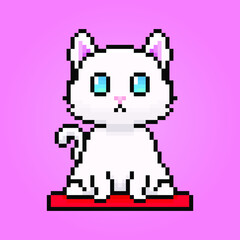 Cute pixel white cat on red carpet