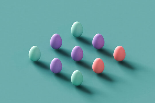 collect of Colorful Easter eggs on a pastel blue background. 3d render