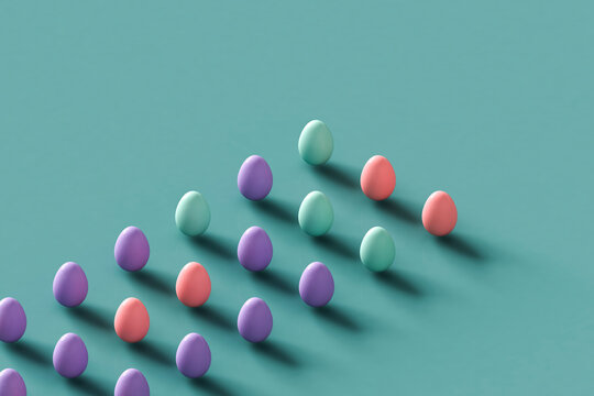rows of Colorful Easter eggs on a pastel blue background. 3d render
