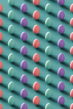 pattern of Colorful Easter eggs on a pastel blue background. 3d render