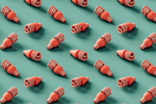 pattern of Pink light bulb on green in different positions. 3d render