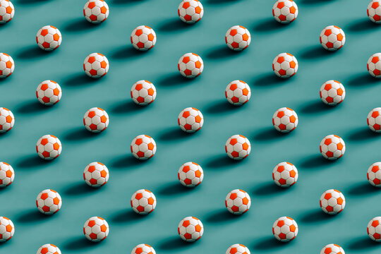 pattern of Soccer balls ona  blue background. 3d render