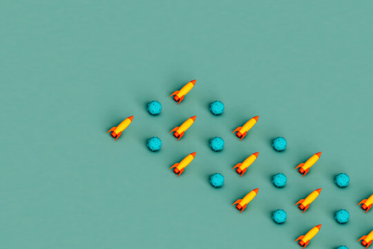 rows of Space shuttles and space rock on green background