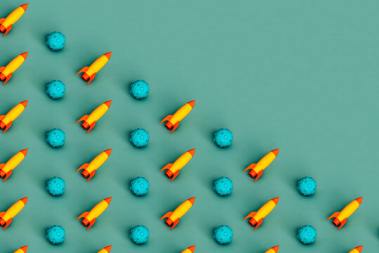 collection of Space shuttles and space rock on green background