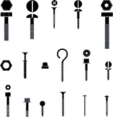 Bolts and screws elements black and white vector collection set