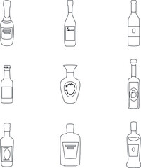 Bottles of alcoholic drinks icon vector outline collection set