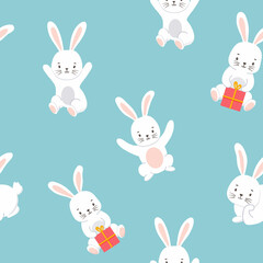 Seamless pattern with Cute character white bunny. Vector illustration of rabbit isolated on blue background. Symbol new year 2023 and Easter