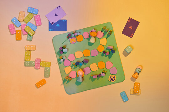 Different types of board games and its' components as background