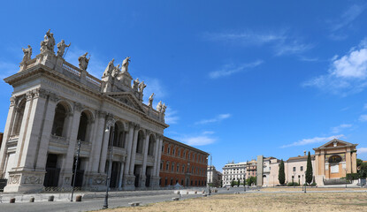 Fototapeta na wymiar Wide square where ht Concert of May 1st takes place and the Basilica of Saint John in Laterano
