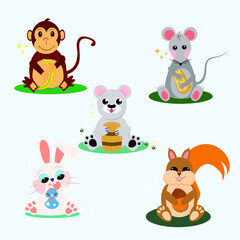 Naklejka premium set of cute animals with favorite treats