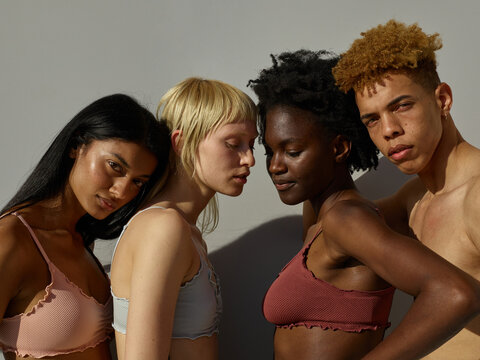Different skin tones group portraits  body positivity - natural hair
