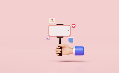 3D social media with hand holding mobile phone, smartphone, tripod icons isolated on pink background. online video live streaming, communication applications concept, 3d render illustration - obrazy, fototapety, plakaty
