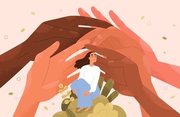 Psychology support for person concept. Hands helping, caring about womans mental health. Social aid, assistance, solidarity from charitable community, supportive society. Flat vector illustration - Powered by Adobe