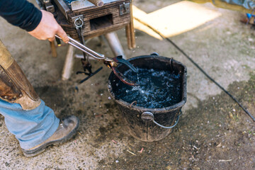 Farrier tempering metal horseshoe in water in stable