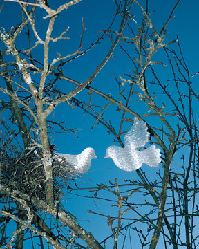 Two Figurine of a doves in dry branches