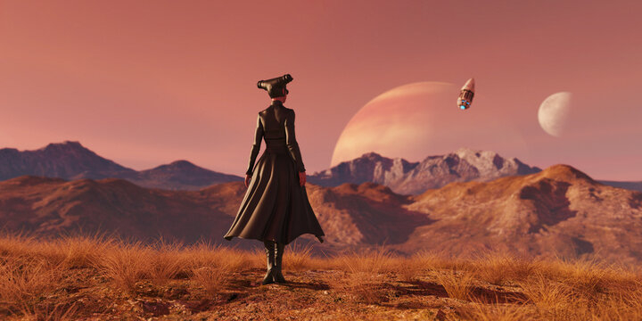 Futuristic woman watches spaceship flying