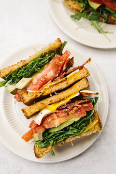 Overhead sliced breakfast BLT