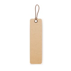 Kraft cardboard tag on string with loop. Craft paper label hanging on tied twine, cord. Blank carton badge mockup of long rectangle shape. Realistic vector illustration isolated on white background