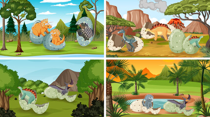 Different prehistoric forest scenes with dinosaur cartoon © blueringmedia