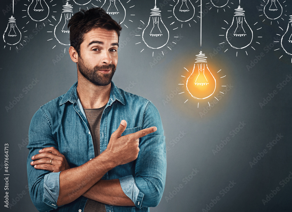 Poster An idea is the seed of creation. Studio portrait of a handsome young man pointing towards an illustration of a lit light bulb against a grey background.