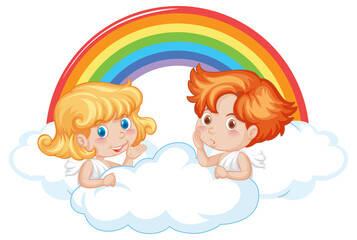 Angel boy and girl on a cloud with rainbow in cartoon style