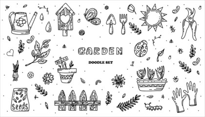 Vector gardening doodle set. Cartoon hand drawn isolated design horticulture elements. Spring set for gardening and floriculture. Sketch of a nerd hobby icon