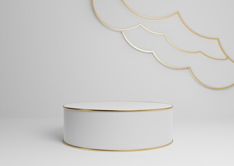 White, light gray, black and white 3D rendering product display podium or stand with abstract clouds and golden lines luxurious minimal, simple composition background cylinder platform