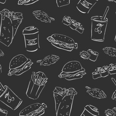 fast food, takeaway food seamless pattern. Hand-drawn vector doodle burger,sushi,coffee,rolls. Lines art menu cafes and restaurants.