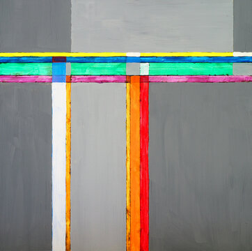 An abstract painting with a bridge-like structure.
