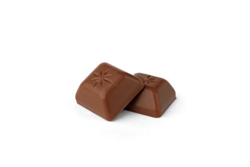 Chocolate pieces with strawberry filling isolated on white background.