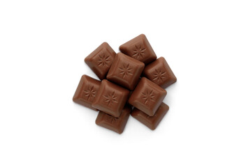Chocolate pieces with strawberry filling isolated on white background.