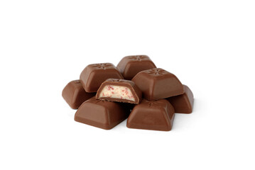 Chocolate pieces with strawberry filling isolated on white background.