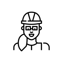 Female construction engineer or manager. Woman wearing a hard hat and glasses. Pixel perfect, editable stroke icon