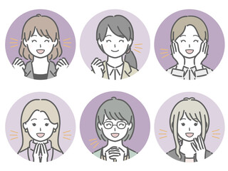 喜ぶ女性の丸アイコンセット（仕事向きの服装）