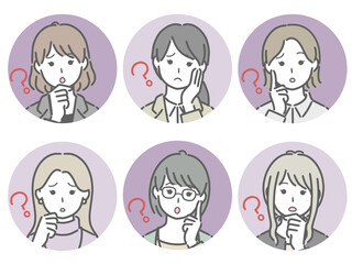 疑問に思う女性の丸アイコンセット（仕事向きの服装）