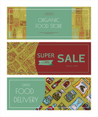 Vector doodle grocery store products. Hand drawn scetch banners. Food and drink. Natural canned, bakery and cereal products. Sale. Delivery.App store