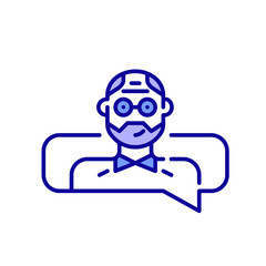 Older man in a shirt and glasses taking part in online chatting. Pixel perfect, editable stroke purple and blue icon