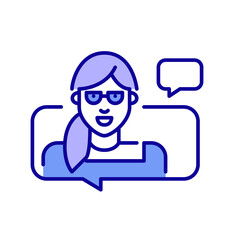 Girl in glasses chatting. Pixel perfect, editable stroke blue and purple art icon