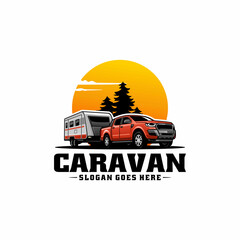 truck with caravan trailer logo vector - obrazy, fototapety, plakaty