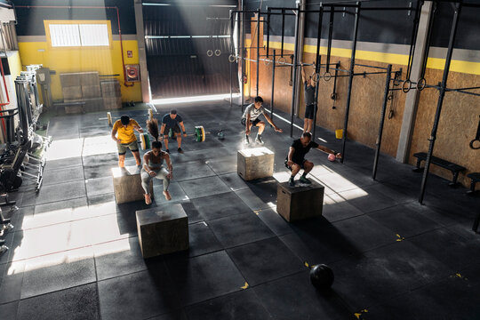 Strong people training in spacious fitness club