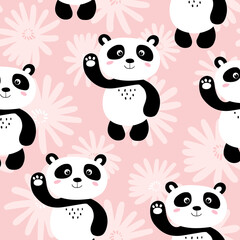 Obraz premium Seamless pattern with cute panda baby on color background. Funny asian animals. Card, postcards for kids. Flat vector illustration for fabric, textile, wallpaper, poster, gift wrapping paper.