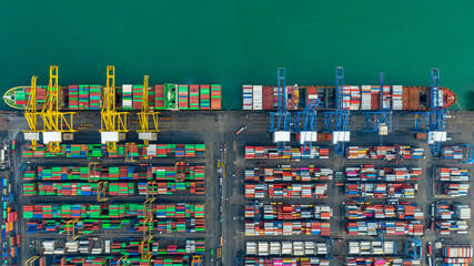 Aerial top view container ship at seaport, Global business logistic import export freight shipping transportation oversea worldwide container ship, Container vessel loading cargo freight ship.